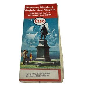 1957 Esso Road Map Of Delaware Maryland Virginia & West Virginia Chesapeake Bay